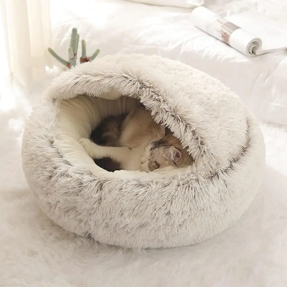 Soft Plush Pet Bed with Cover - Round Cat Bed