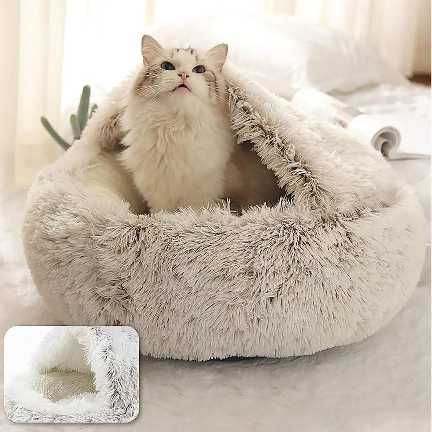 Soft Plush Pet Bed with Cover - Round Cat Bed