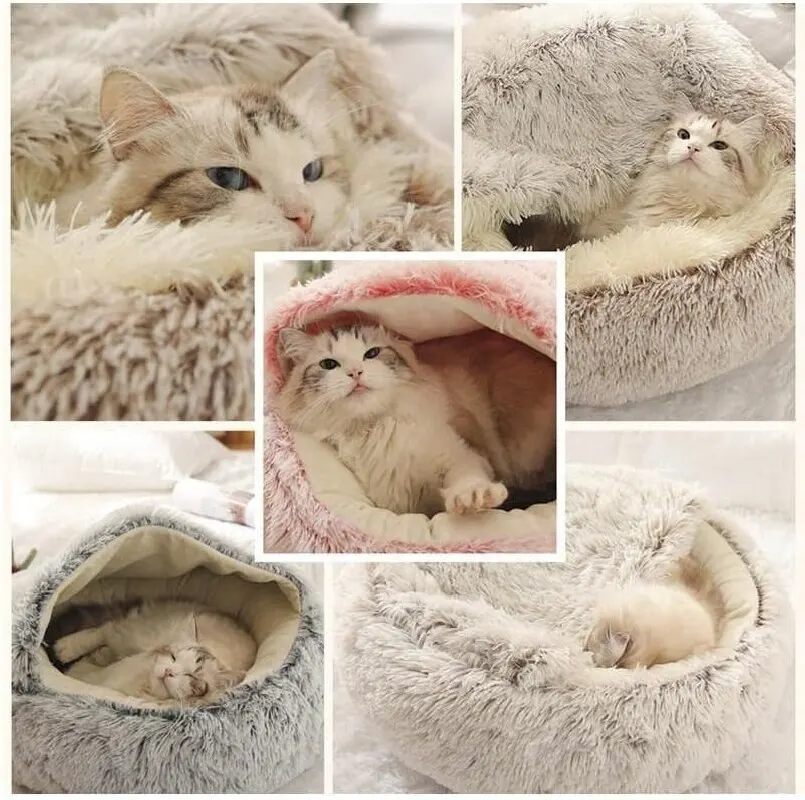 Soft Plush Pet Bed with Cover - Round Cat Bed