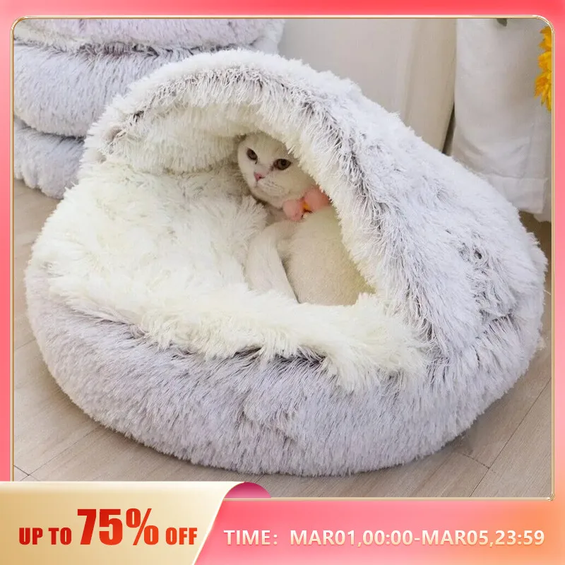 Soft Plush Pet Bed with Cover - Round Cat Bed